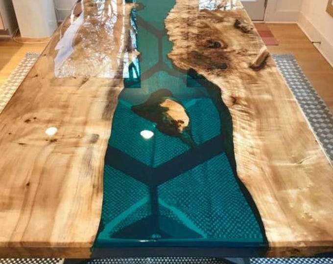 Teal Blue Epoxy River Table | Acacia Wood Live Edge Dining Table Top (Customisable)