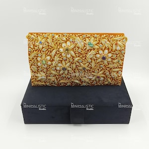 Handmade Gold Zardozi Gemstone Clutch 10&quot;x6&quot; | Ochre Floral Purse | Real Stone Work | Velvet Gift Box | Sling/Handle | Custom Bag
