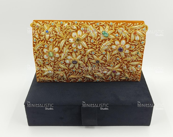 Handmade Gold Zardozi Gemstone Clutch | Ochre Floral Velvet Purse