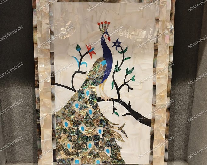 Peacock Stone Inlay Wall Art 12x18” | Mother of Pearl & Semi-Precious Stone Panel for Luxury Decor