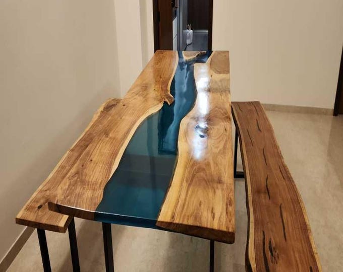 Rectangular Clear Epoxy Acacia Wood Table Top | Handmade Resin River Dining Coffee Table | (Customisable)