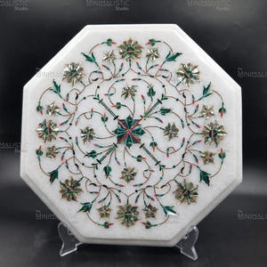 Octagonal Marble Inlay Plate with Real Gemstones Inlay | Handmade Pietra Dura Floral Decor | White Marble Art from India