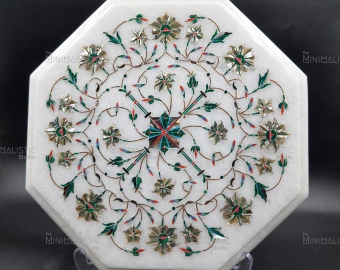 Handmade Marble Inlay Plate | Pietra Dura Floral Gemstone Art