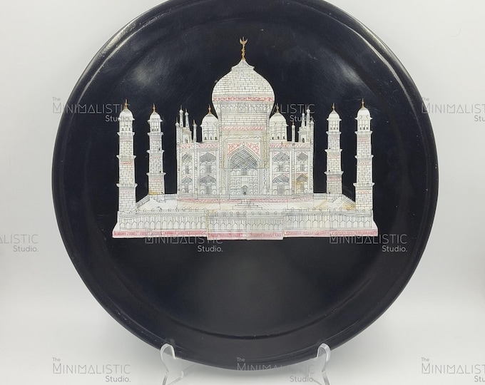 Taj Mahal Black Marble Plate | Mother of Pearl Inlay, Agra Art (15x15")