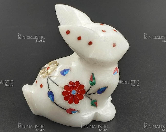 Makrana Marble Bunny Figurine | Gemstone Inlay Floral Decor