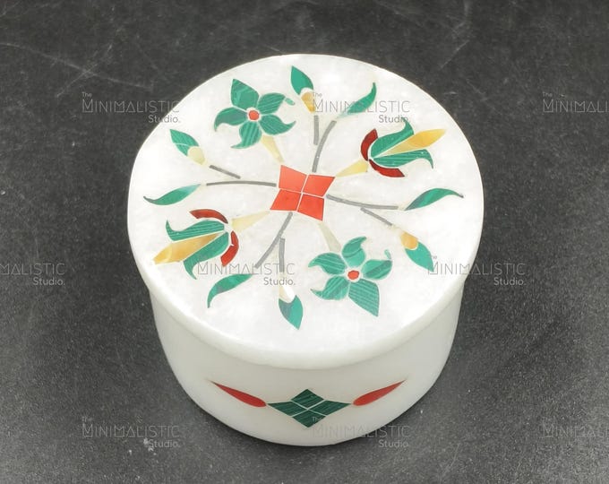 Handcrafted Marble Floral Inlay Box | Pietra Dura Trinket Holder