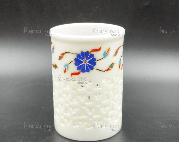 Handcrafted White Marble Pen Stand | Blue Floral Inlay, Jali Work