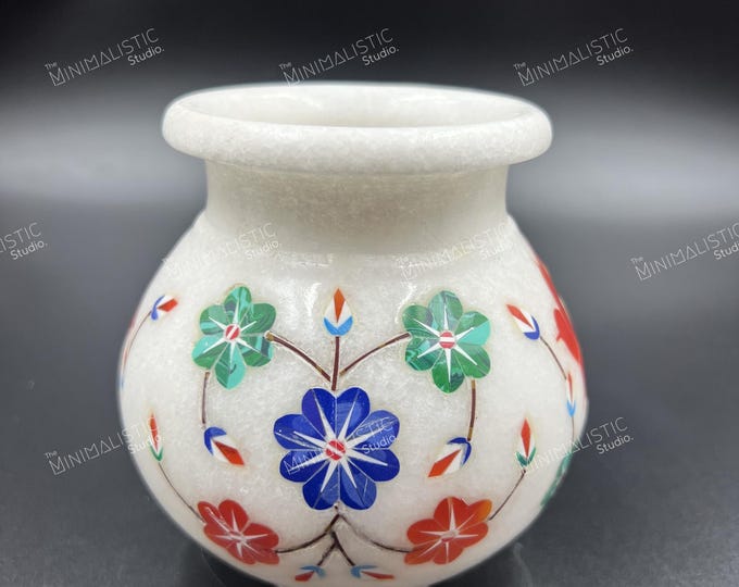 Handmade Makrana Marble Vase | Floral Inlay Indian Decor
