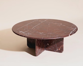 Handmade Round Rosso Levanto Coffee Table with Cross leg | Red Marble | Luxury Stone | (Customisable)