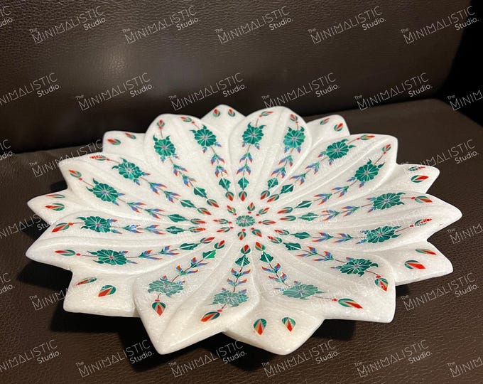 Handmade Marble Inlay Fruit Platter | Lotus Flower, Boho Kitchen Decor