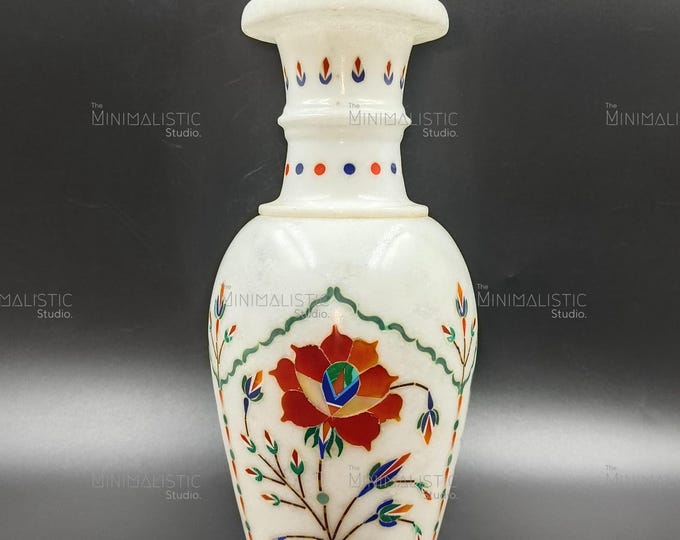 Handcrafted White Marble Vase | Floral Pietra Dura Inlay, Indian Art