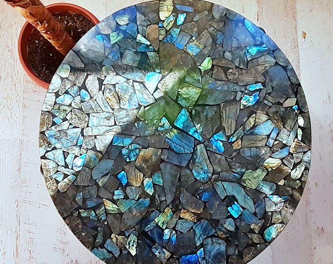 Round Labradorite Gemstone Table Top | Blue Crystal Mosaic Coffee Side, Dining Table | (Customisable)