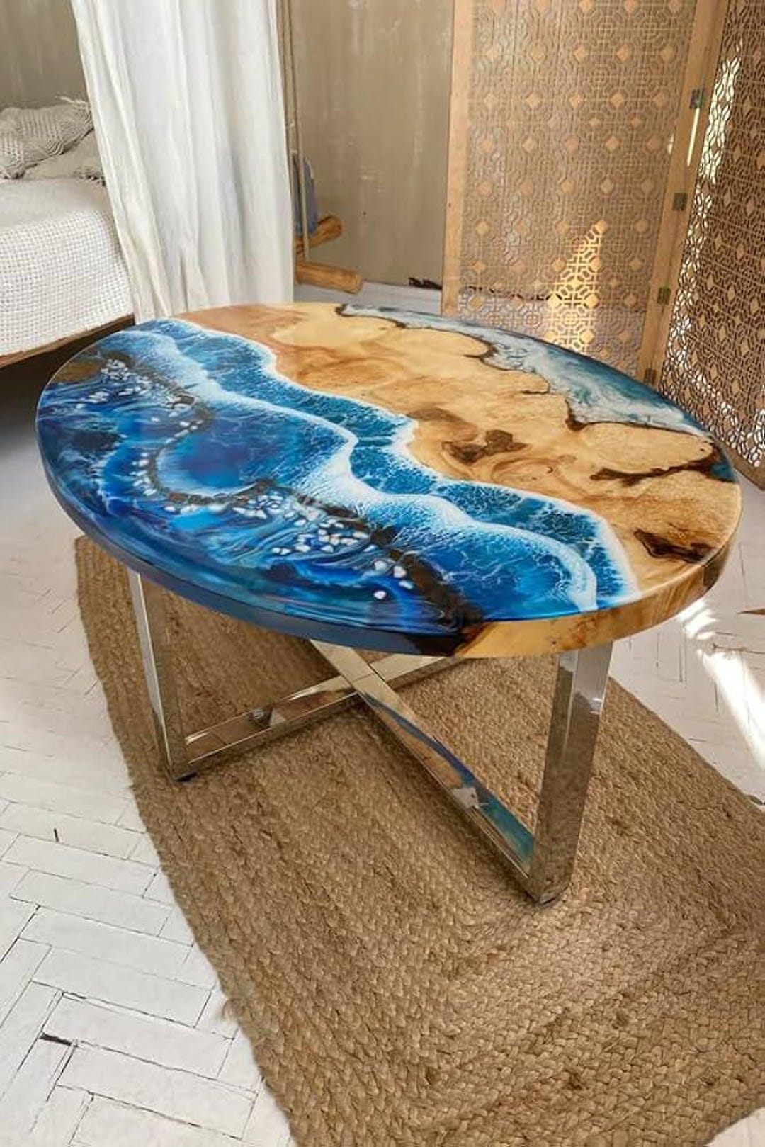 Acacia Wood & Blue Ocean Epoxy Resin Table Top | Coastal Decor - Etsy