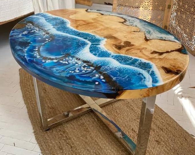Acacia Wood & Blue Ocean Epoxy Resin Table Top | Coastal Decor