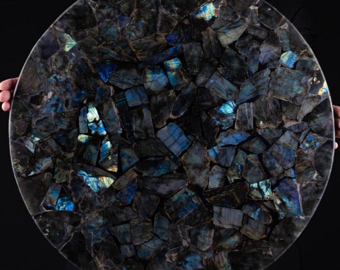 Round Labradorite Gemstone Table Top | Dark Blue Crystal Mosaic | Coffee Dining Table | (Customisable)