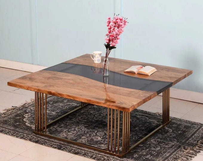 Square Acacia Wood Black Epoxy River Coffee Table Top | Live Edge Handmade | (Customisable)