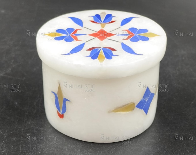 Handcrafted White Marble Inlay Box | Floral Pietra Dura Trinket Holder