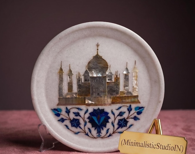 Taj Mahal Marble Makrana Plate | Home Marble Decorative Plate | Mughal Inlay Art Plate | 8 Inch