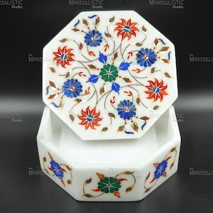 Handgefertigte achteckige Marmor Inlay Box mit rotem Blumenmuster - Pietra Dura Andenken Schmuckschatulle von Agra - Dekoratives Stein Schmuckgeschenk
