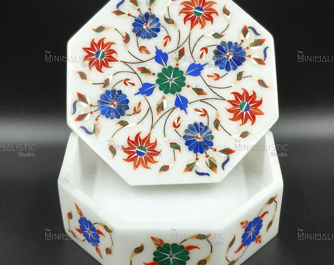Handmade Makrana Marble Inlay Box – Pietra Dura Floral Keepsake