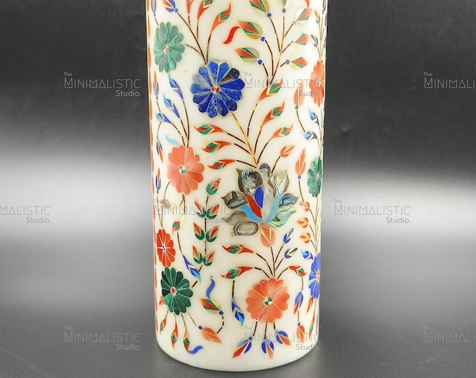 Handmade Marble Pen Holder - Floral Inlay, Mughal Art Desk Organizer