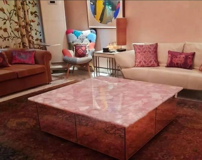 Square Rose Quartz Coffee Table Top | Pink Crystal Gemstone (Customisable)