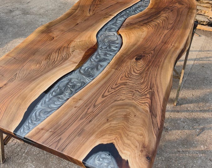 Rectangular Silver River Acacia Wood Epoxy Table Top | Live Edge Dining Table | (Customisable)