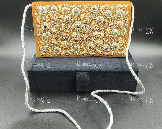 Ochre Zardozi Gemstone Clutch | Floral Velvet Purse, Multiway Sling