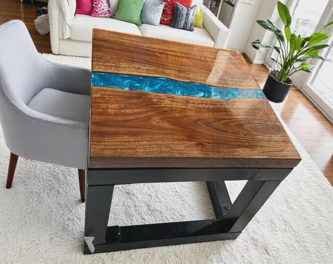 Square Blue River Acacia Wood Table Top | Modern Epoxy Coffee & Dining Table | (Customisable)