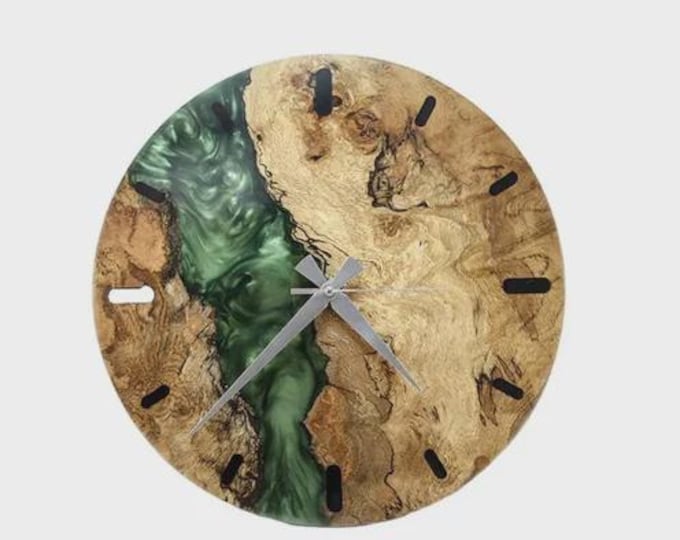 Handmade Acacia Wood Clock | Green Epoxy Resin River Art
