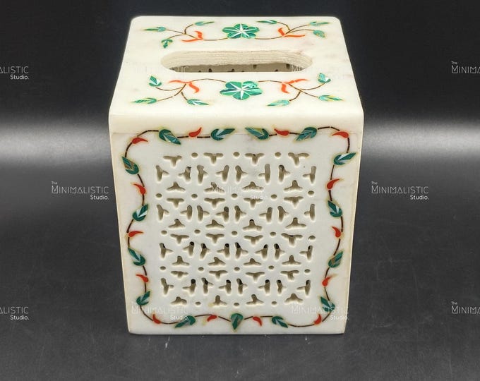 Handmade Marble Tissue Box | Floral Inlay, Indian Stone Craft