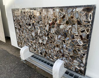 Piano del tavolo rettangolare in pietra d'agata / Superficie per sala da pranzo a mosaico grigio-marrone / (personalizzabile)