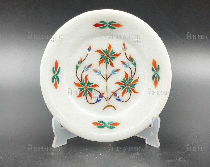 Floral Marble Inlay Plate – Handmade Pietra Dura Art, 5 Inch