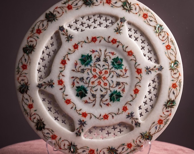 Round Marble Tray | Gemstone inlay Decorative Tray | 12 Inch