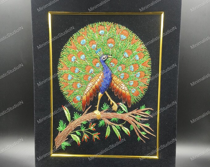 Handcrafted Black Velvet Peacock Zardozi Wall Art | Framed Regal Decor