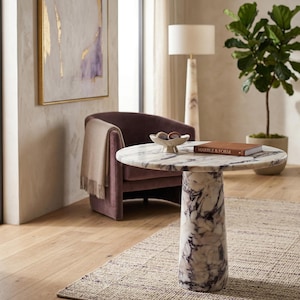 Calacatta Viola Marble Round Side Table | Pedestal Round Leg | Handmade Home Decor | (Customisable)