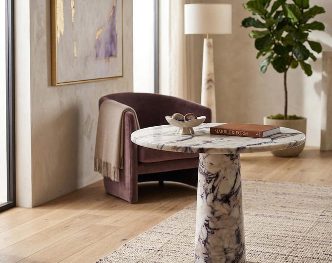 Calacatta Viola Marble Round Side Table | Pedestal Round Leg | Handmade Home Decor | (Customisable)