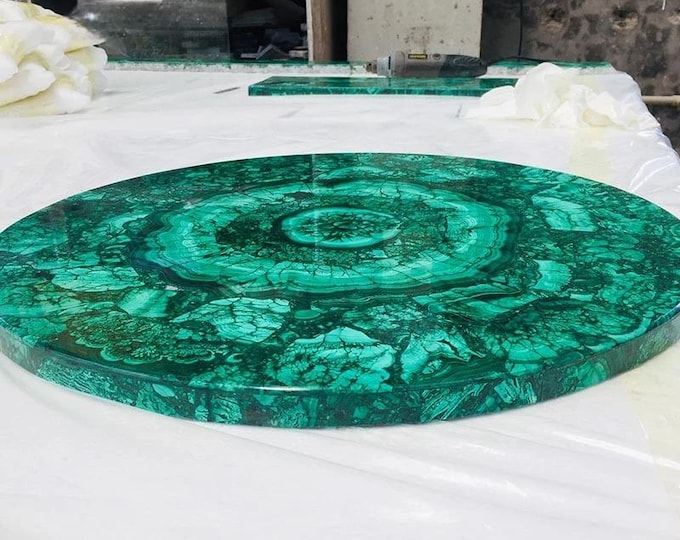 Round Malachite Table Top | Luxury Green Gemstone Modern Statement | Coffee Dining Table | (Customisable)