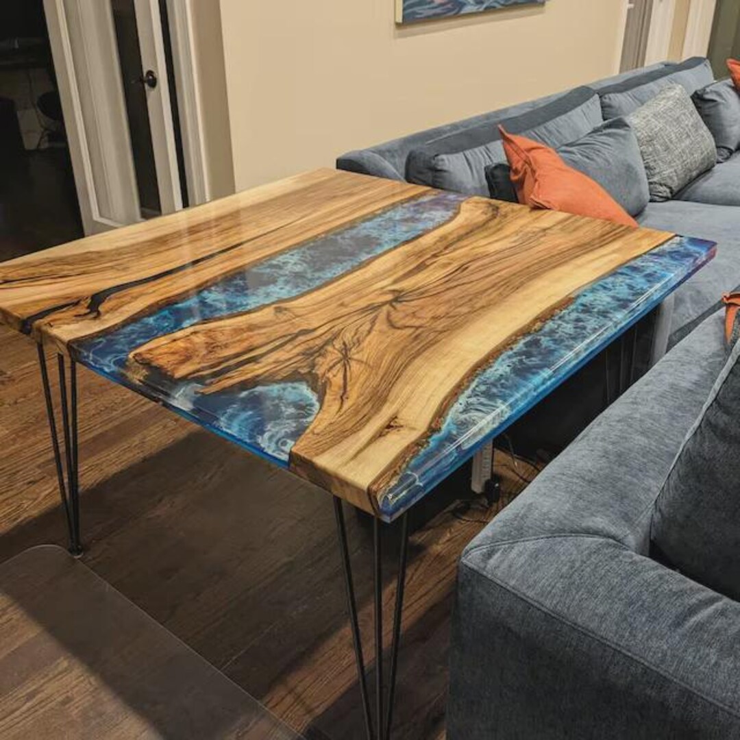 Live Edge Acacia Wood Ocean Blue Epoxy Table Top | Square Handmade ...