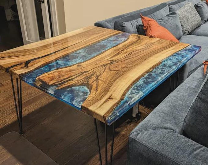 Live Edge Acacia Wood Ocean Blue Epoxy Table Top | Square Handmade | Coffee Dining Table | (Customisable)