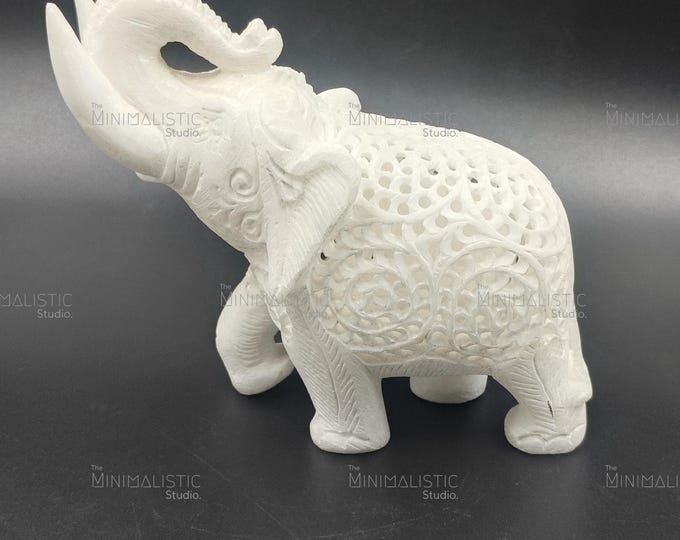Hand-Carved Makrana Marble Elephant Figurine | Indian Jali Sculpture