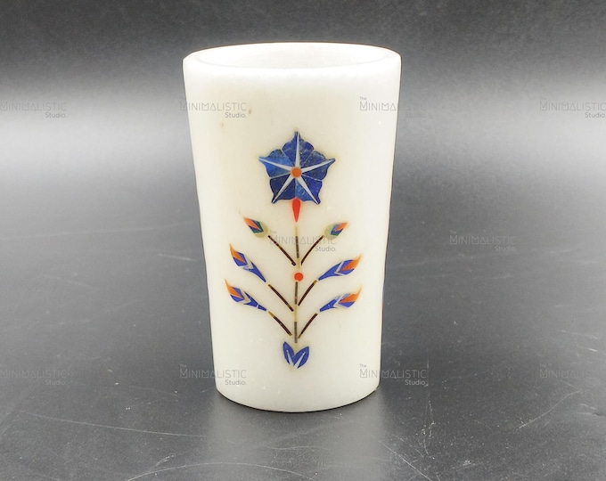 Handmade Makrana Marble Pen Holder - Floral Pietra Dura Inlay