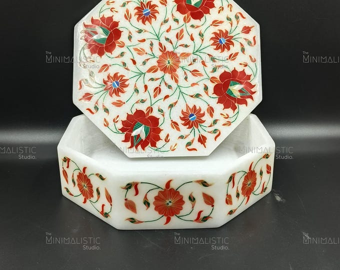 Handmade Makrana Marble Inlay Box – Red Floral Pietra Dura Keepsake