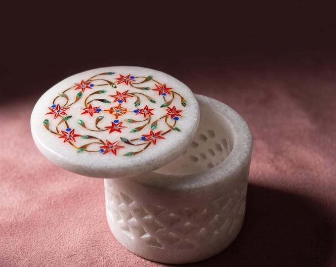 Round Marble Jewellery Box 2 Inch | Gemstone Inlay Handmade Makrana White Marble |