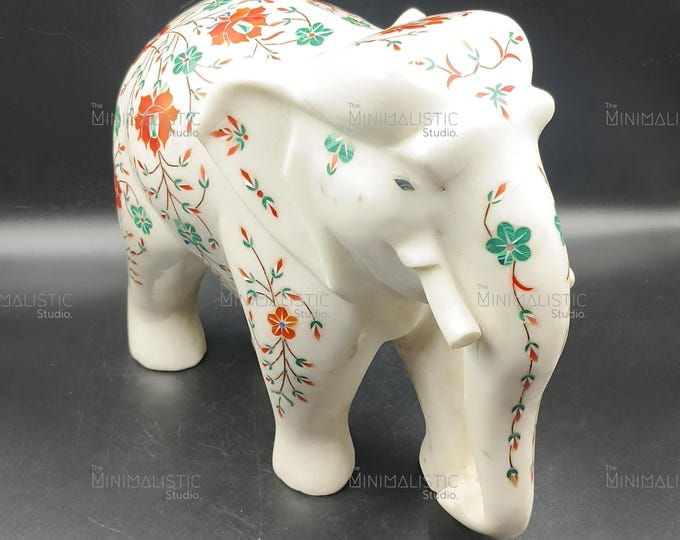 Floral Gemstone Inlay Marble Elephant | Pietra Dura Indian Decor
