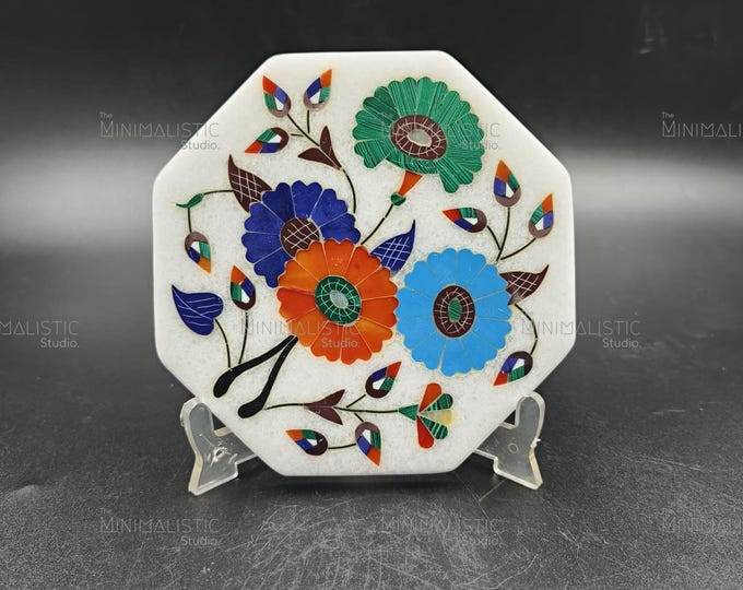 Octagonal Marble Inlay Plate | Handcrafted Mughal Floral Art