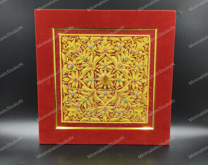 Handcrafted Gold Zardozi Embroidery Panel | Velvet Framed Indian Wall Art