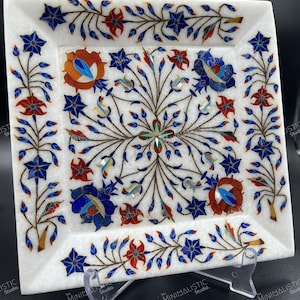 Handmade Marble Inlay Square Tray | White Makrana Marble | Pietra Dura Floral Art | Decorative Serving Dish | Luxury Gift Idea