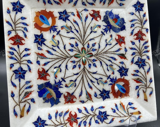 Handmade Marble Inlay Tray | Pietra Dura Floral Art Serving Dish
