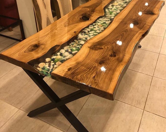 River Rock Epoxy Acacia Wood Table Top | Rectangular Resin Dining Table | Nature-Inspired Centerpiece